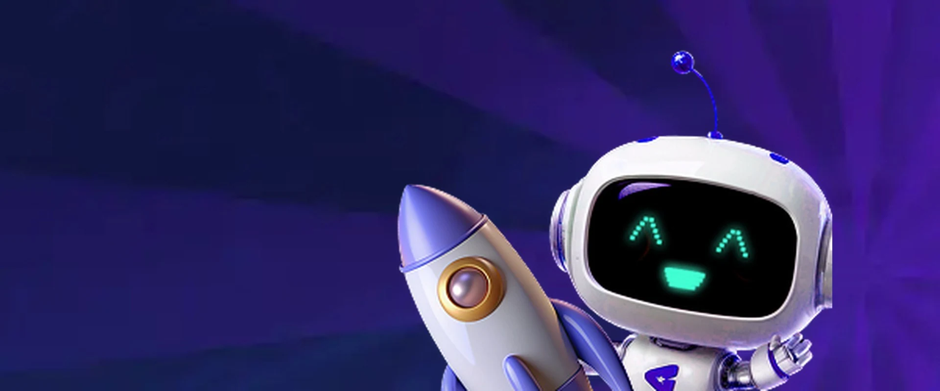 StarsPlay-Maskottchen: kleiner Roboter mit Rakete vor violettem Strahlenhintergrund