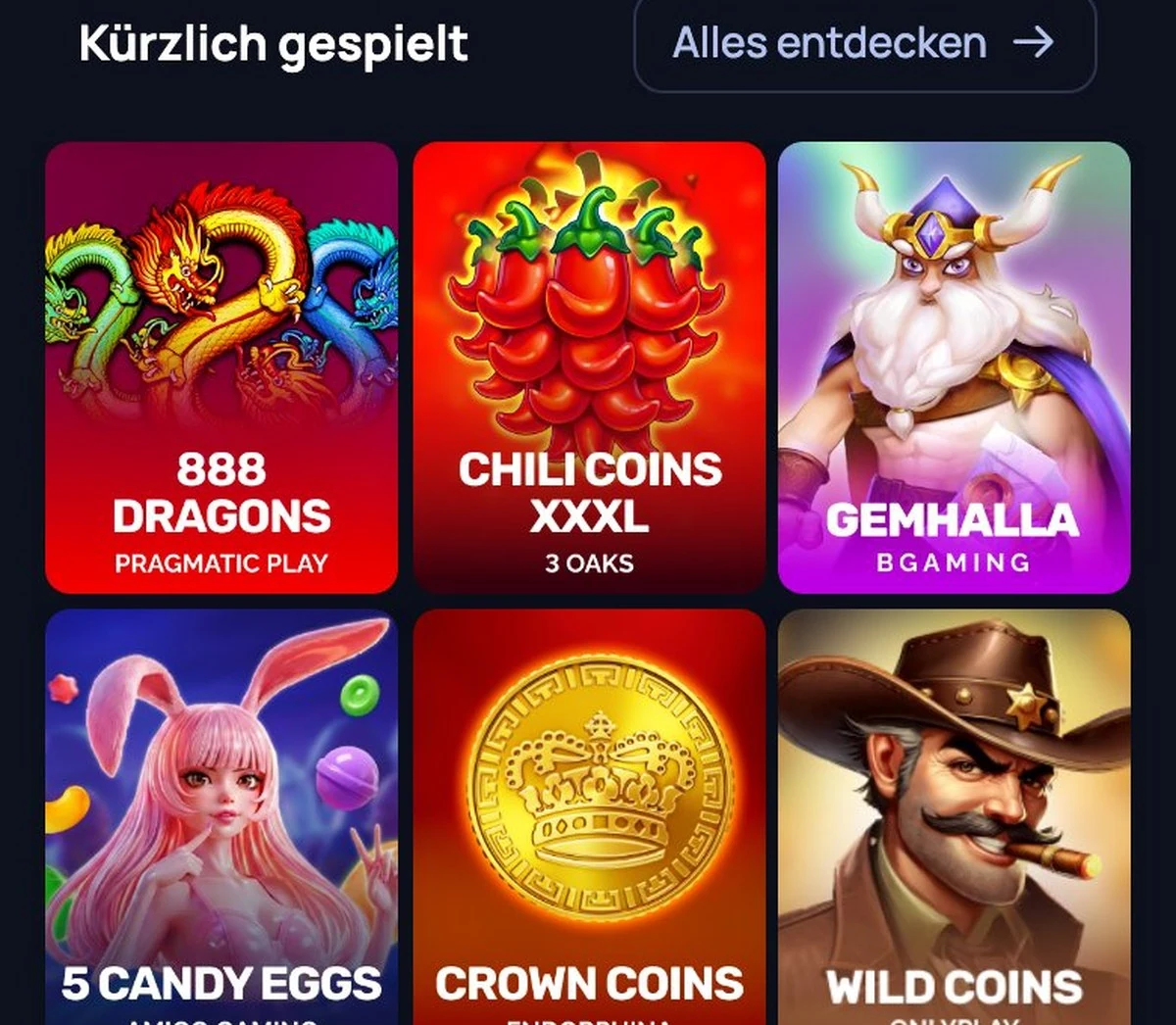 StarsPlay: Spielkacheln in der Casino-Lobby